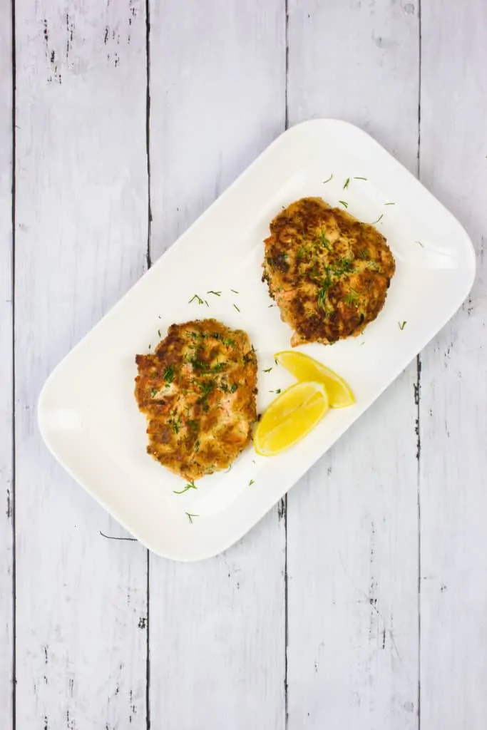 salmon patties on a serving tray