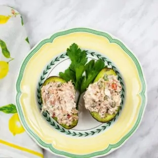 mediterranean tuna salad served in avocado cups