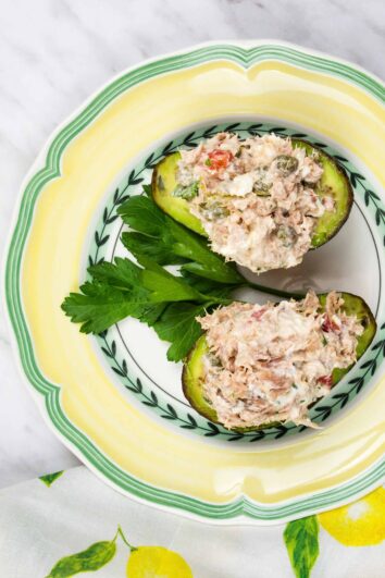 mediterranean tuna salad served in avocado cups