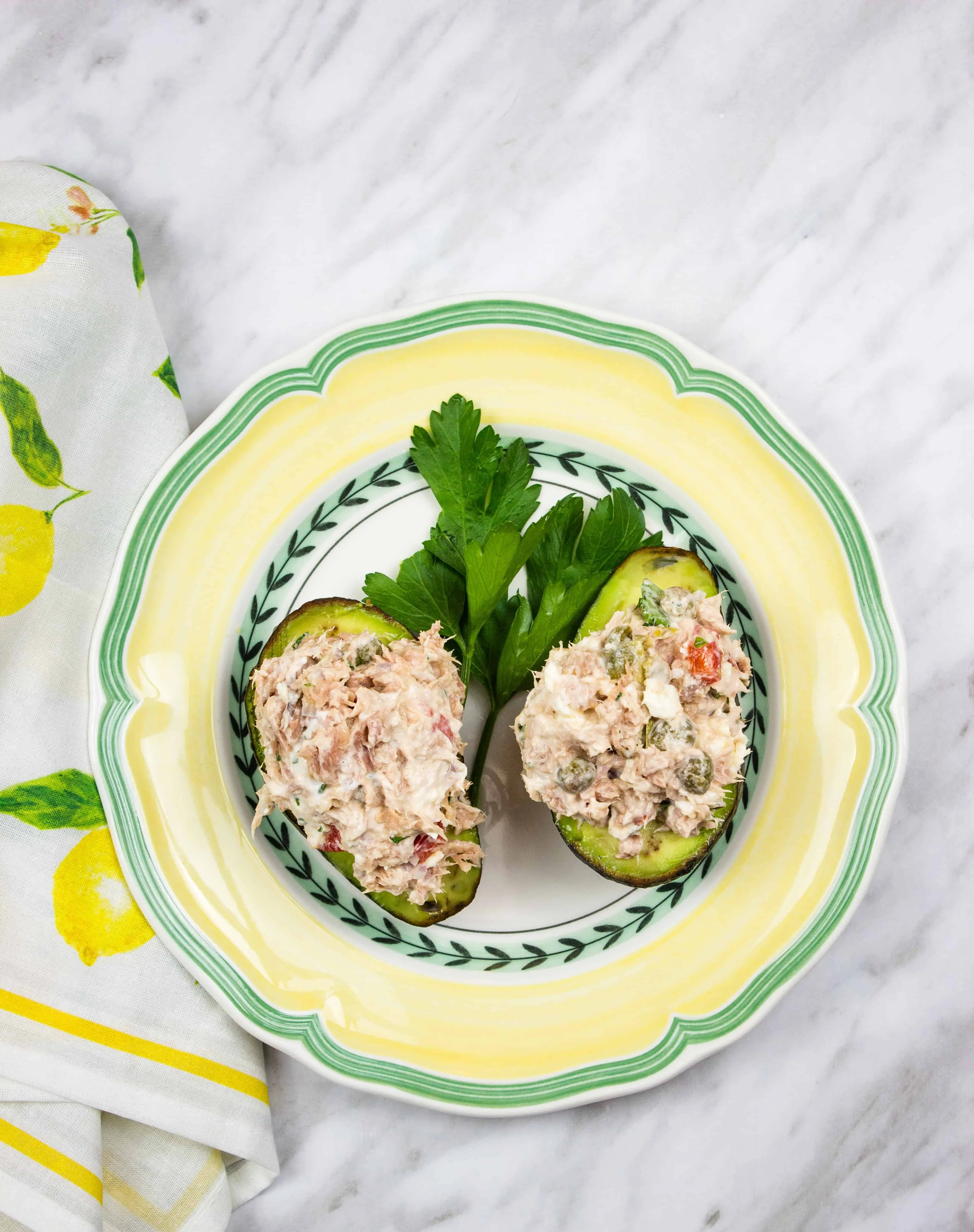 mediterranean tuna salad served in avocado cups