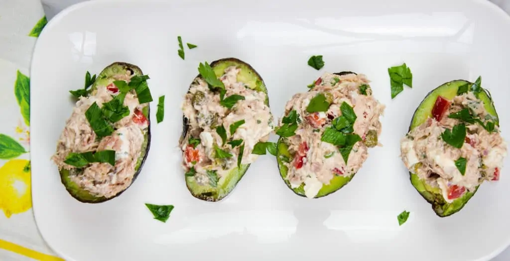 mediterranean tuna salad in avocado boats