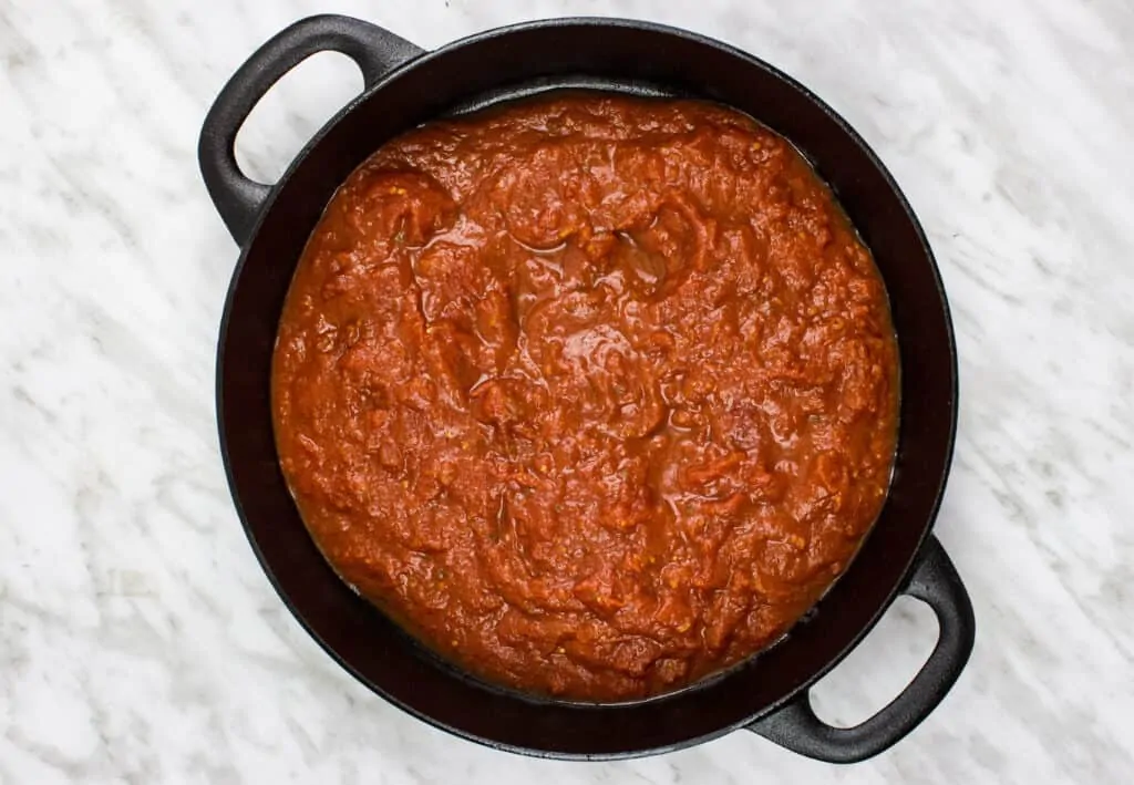 oven roasted tomato sauce in an oven safe dish