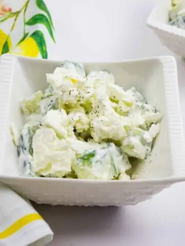 keto cucumber and feta salad served in individual dishes