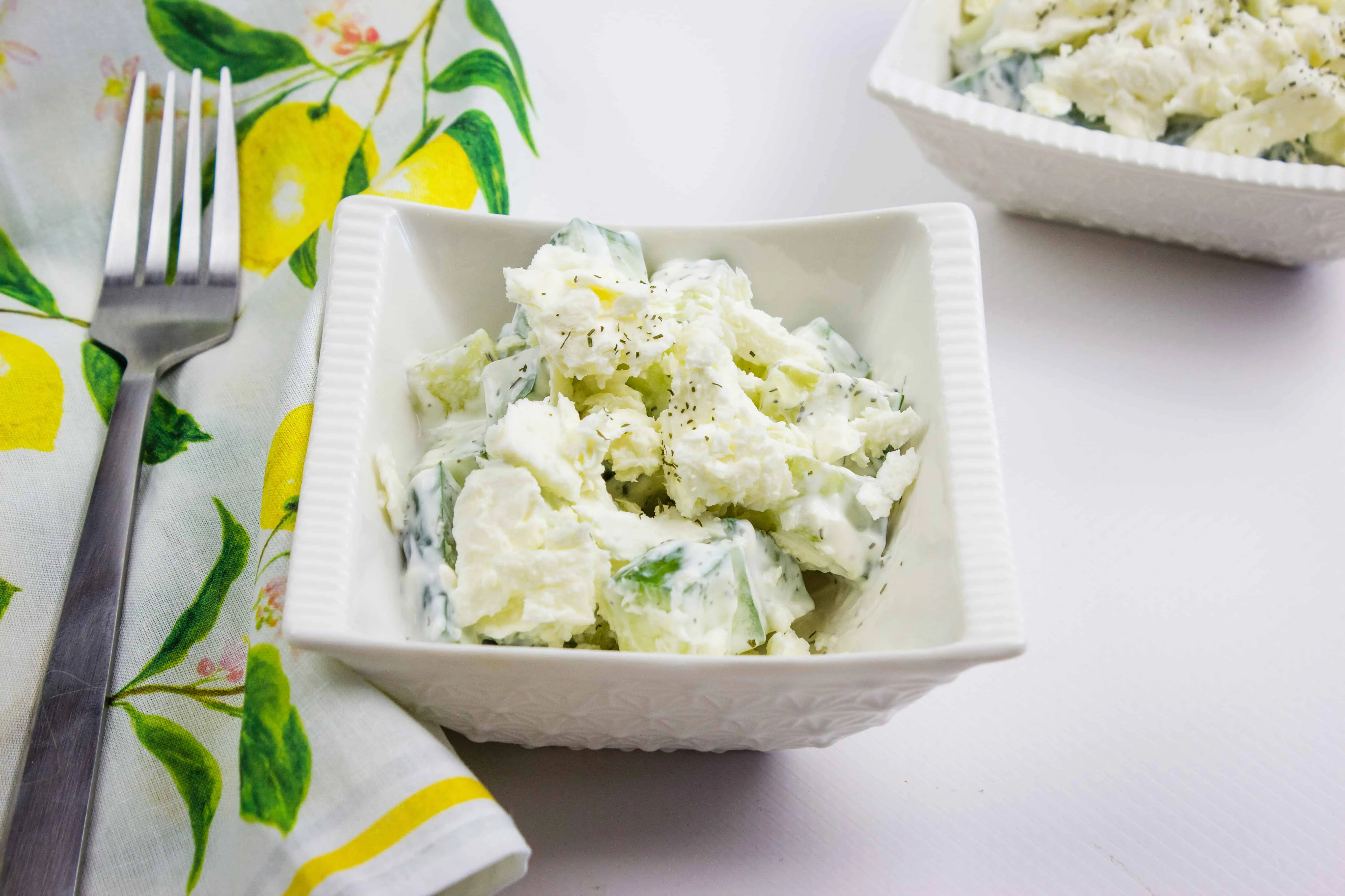 keto cucumber and feta salad served in individual dishes