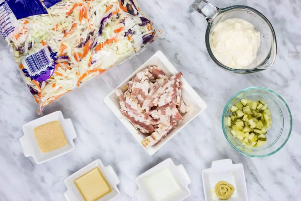 ingredients to make pickle slaw with bacon