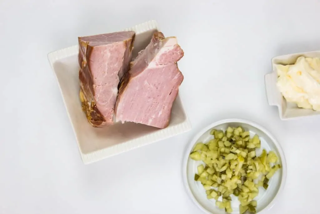 ham, pickle and mayonnaise used to make keto ham salad