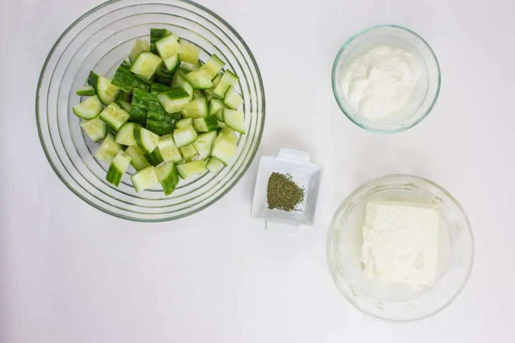 chopped cucumber and other ingredients to make cucumber & feta salad