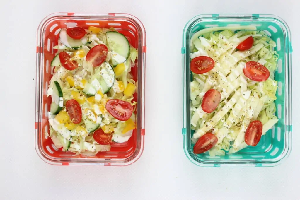 two completed sub in a tub meals in meal prep containers