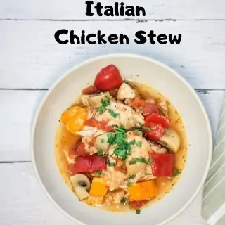 A serving of Italian Chicken Stew in a white bowl.