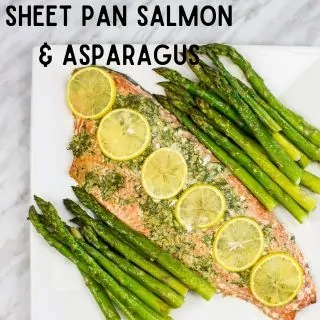 sheet pan salmon & asparagus on a square plate