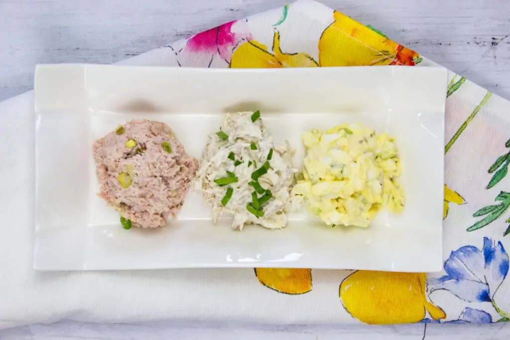 trio of keto salads including Ham Salad with Pickle, Southern Chicken Salad, and The Best Keto Egg Salad