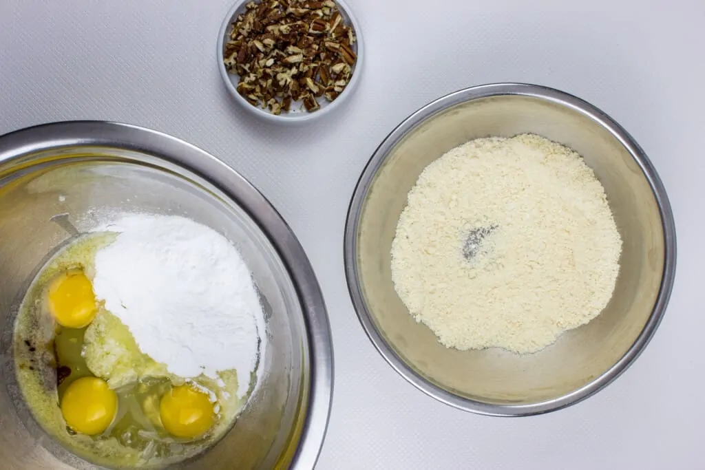 mixed dry ingredients in a bowl, and wet ingredients in another bowl