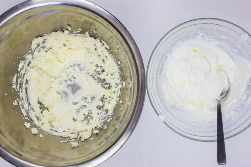 use a hand-mixer to whip cream and cheese in separate bowls