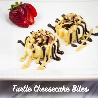 Two turtle cheesecake bites on a plate with a cut strawberry garnish.