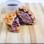 keto french beef chaffle cut in half with a side of jus