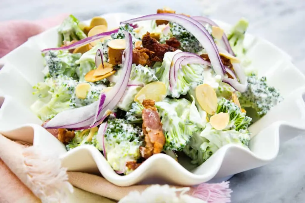 keto broccoli salad with bacon in a serving dish