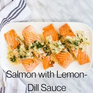 keto salmon with lemon dill sauce on a platter