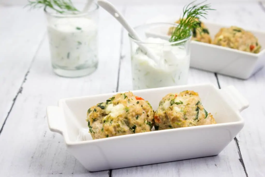 keto greek meatballs with a side of tzatziki sauce