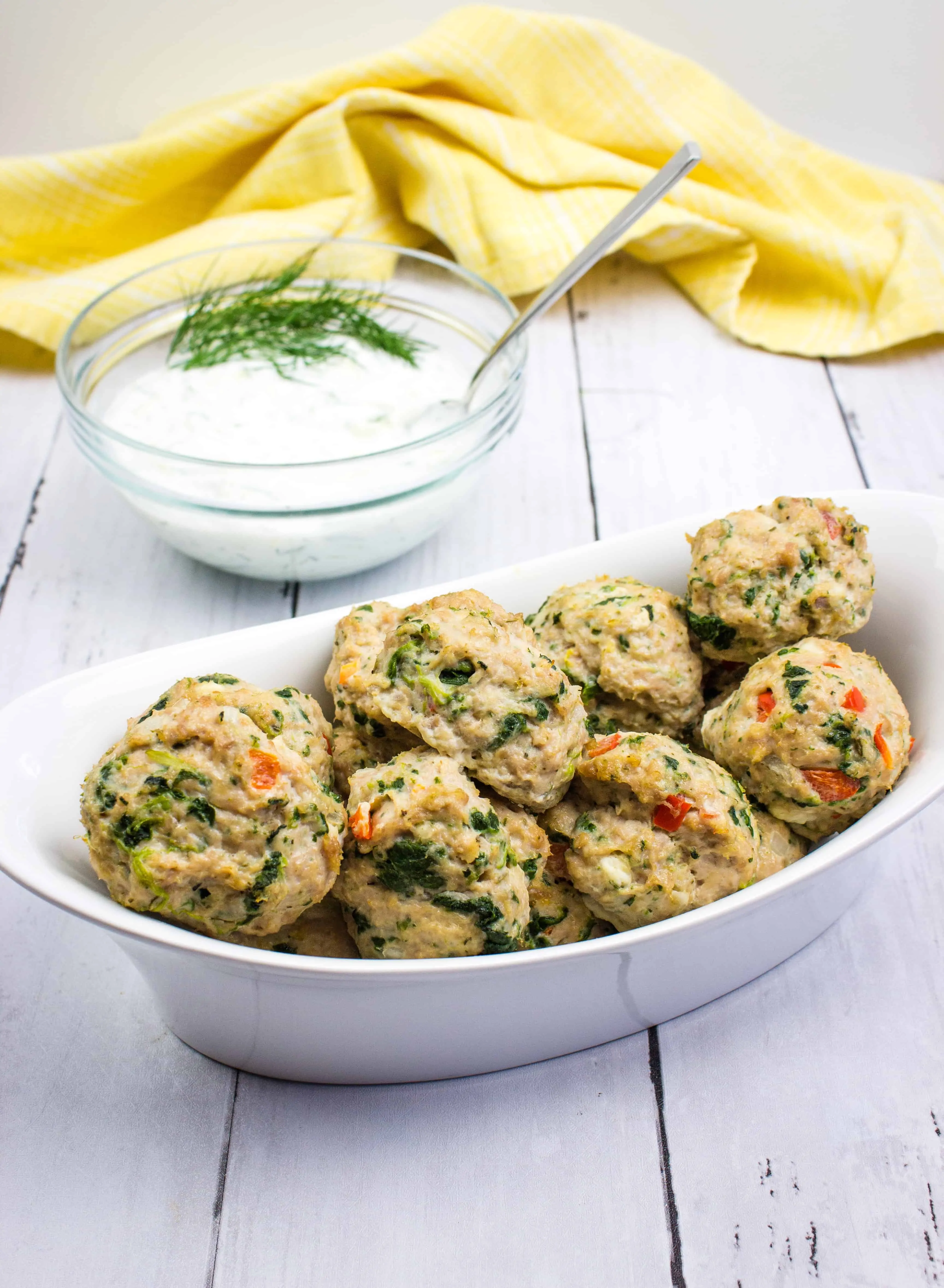 keto greek meatballs in a serving bowl