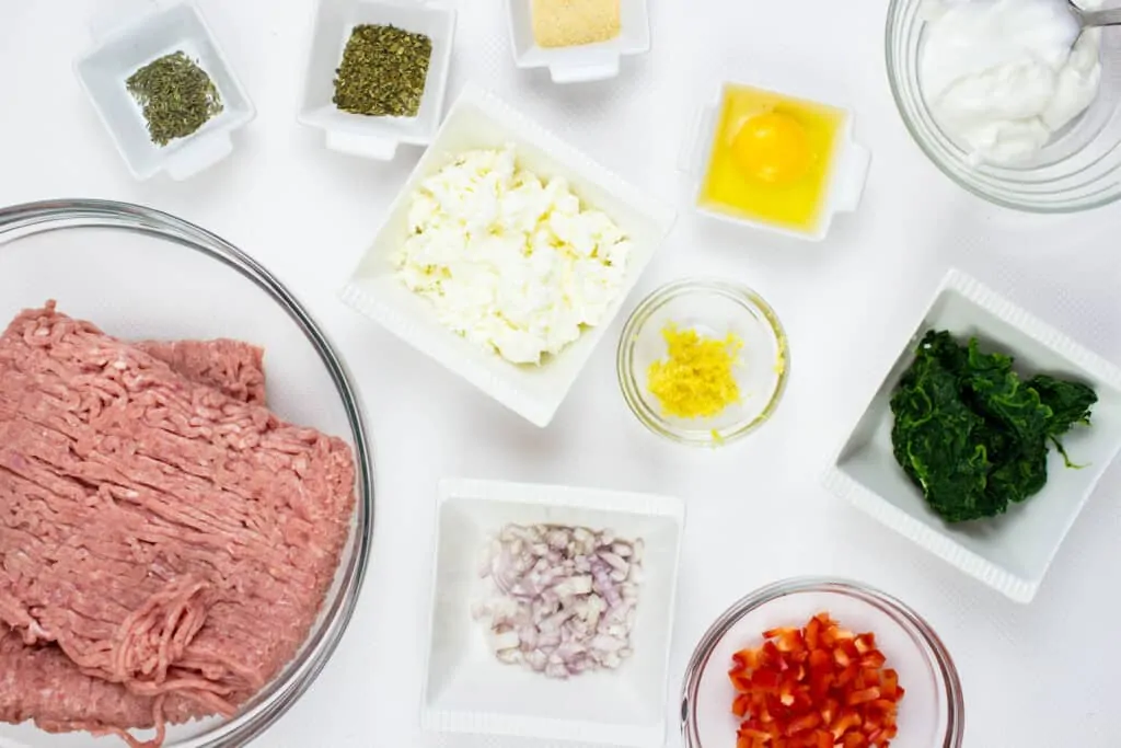 prepped ingredients to make keto ground chicken greek meatballs