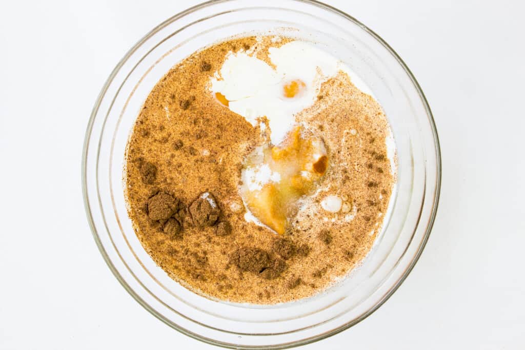 mixed ingredients for keto pumpkin custard in a bowl