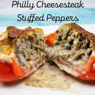 closeup shot of a cut open keto philly cheesesteak stuffed pepper