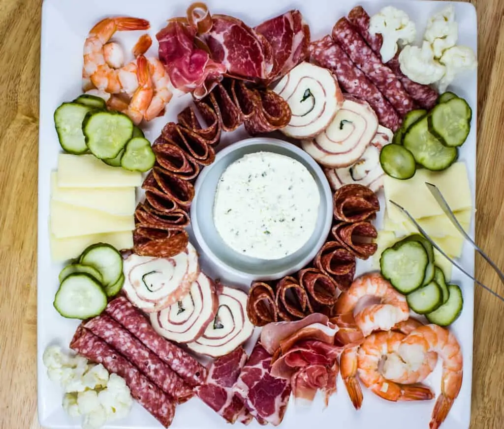 keto charcuterie on a square white plate