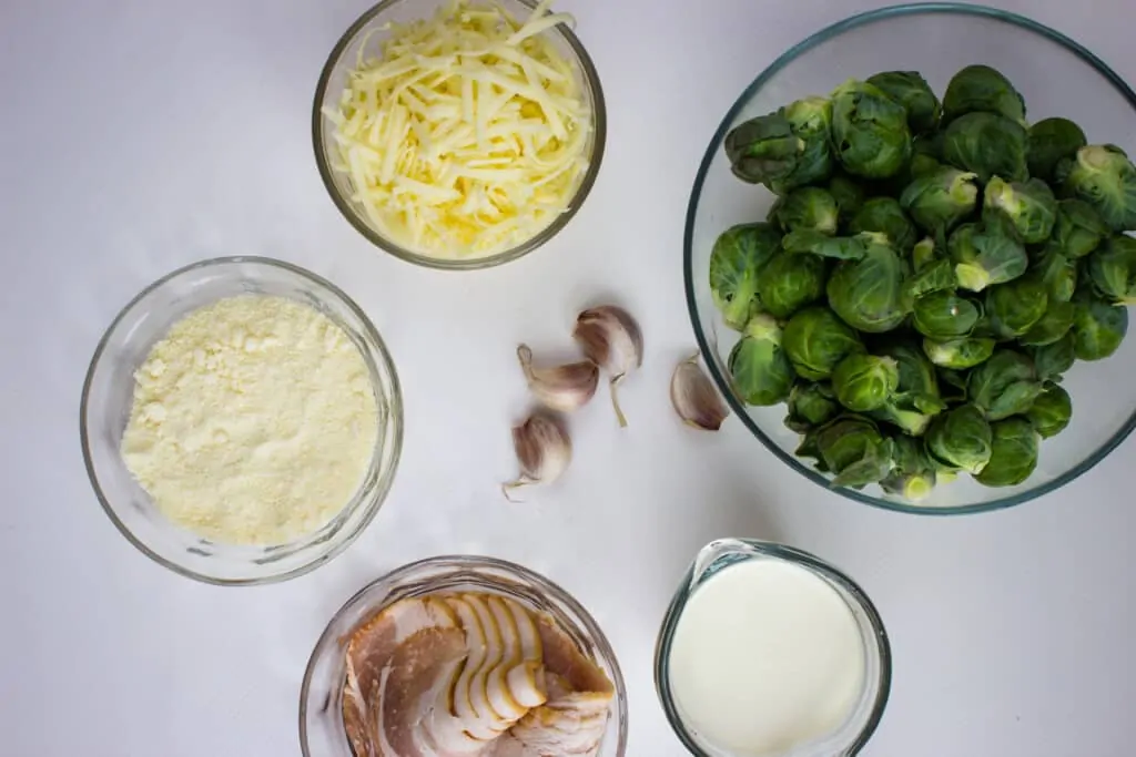 ingredients to makeketo parmesan brussels sprouts with bacon