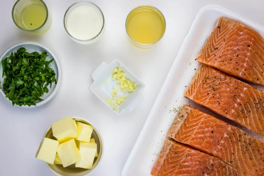 prepped ingredients, including 4 salmon filets