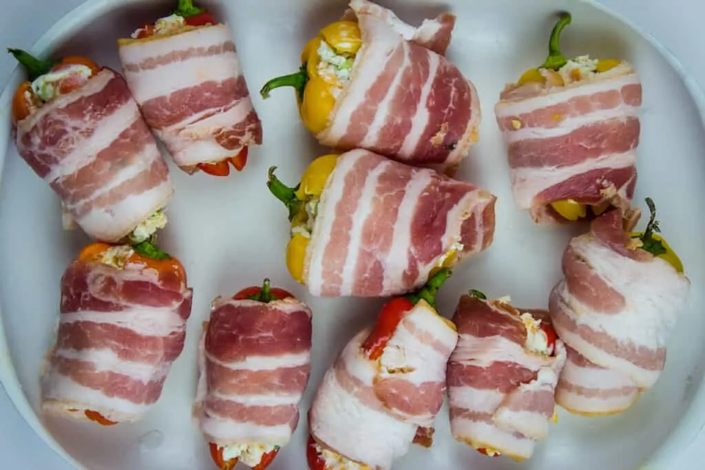 keto sweet pepper poppers wrapped in bacon