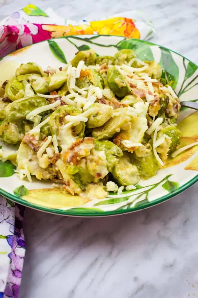 keto brussels sprouts with bacon in a serving bowl