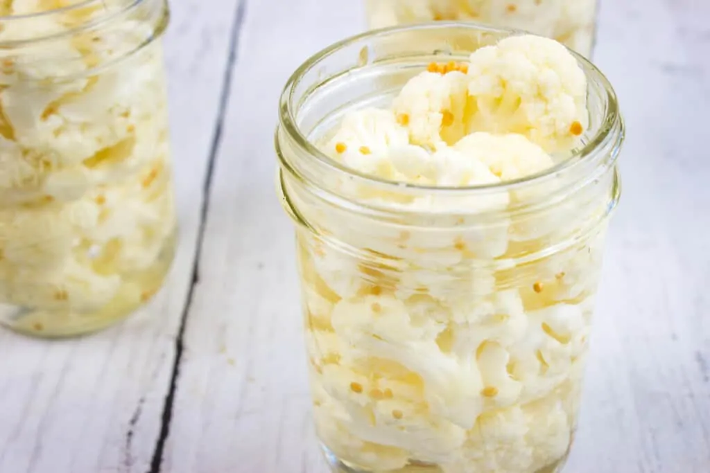 keto pickled cauliflower in glass jars