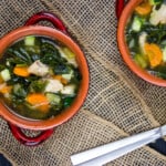 keto turkey vegetable soup in bowls with spoons