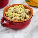 keto stuffing in a red serving bowl