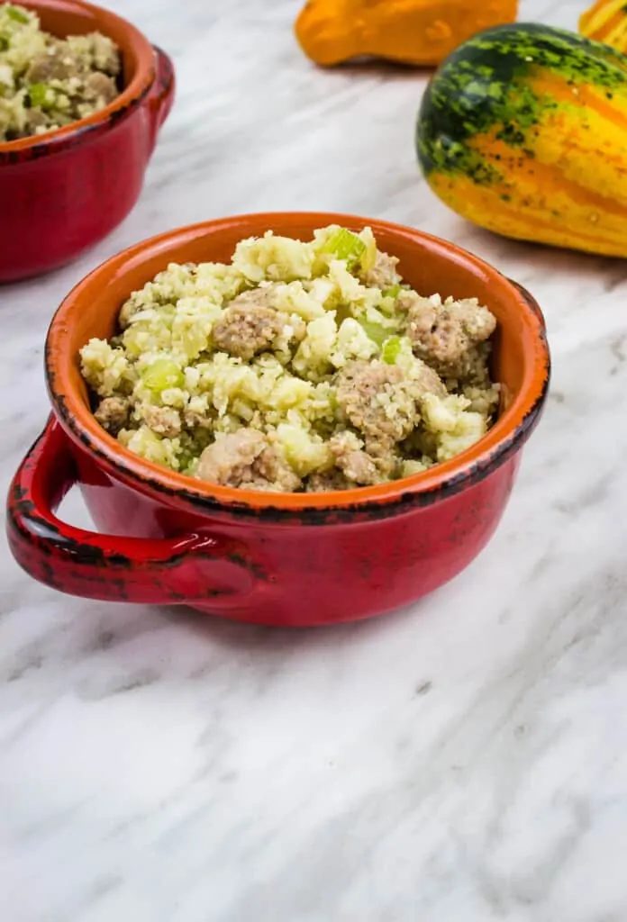 keto stuffing in a red serving bowl