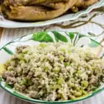 Keto Stuffing in a Bowl with a turkey in the background