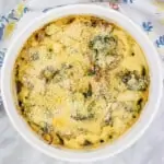 keto broccoli casserole with turkey in a casserole dish