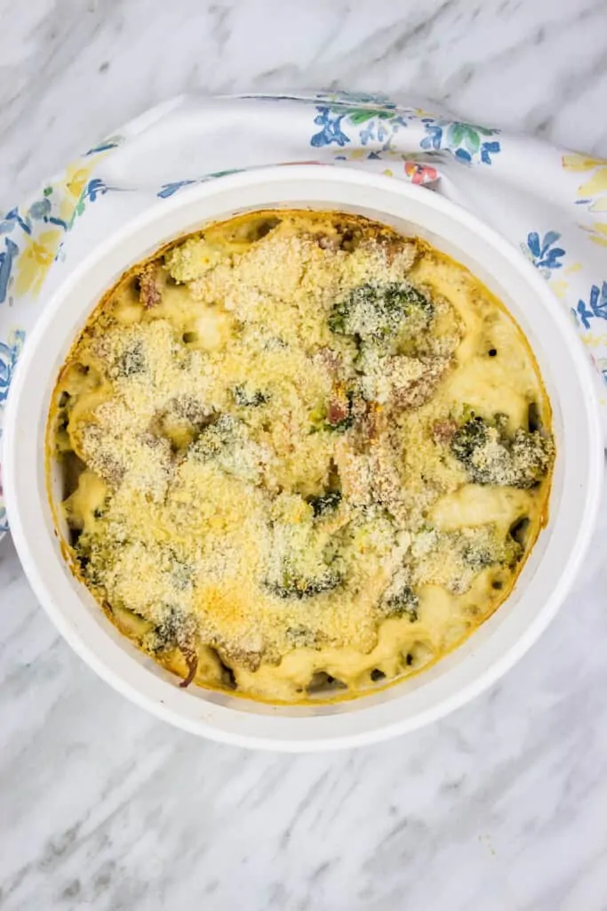 keto broccoli casserole with turkey in a casserole dish