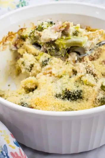 keto turkey broccoli casserole in a white casserole dish