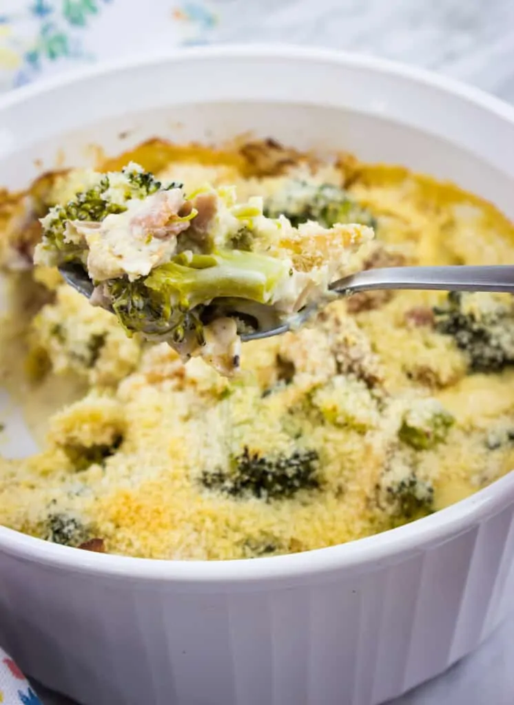 keto broccoli casserole with turkey in a casserole dish