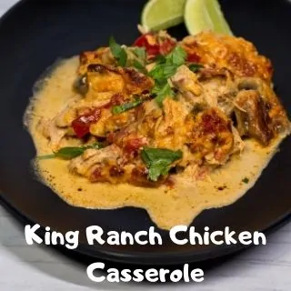 keto King Ranch chicken casserole serving on a black plate