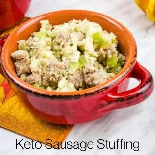 keto stuffing in a red serving dish