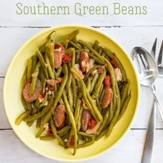 keto southern green beans in a yellow serving bowl