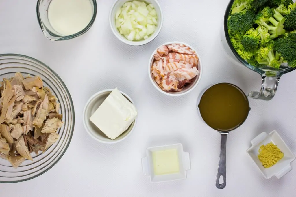 prepped ingredients to make keto broccoli casserole with turkey 