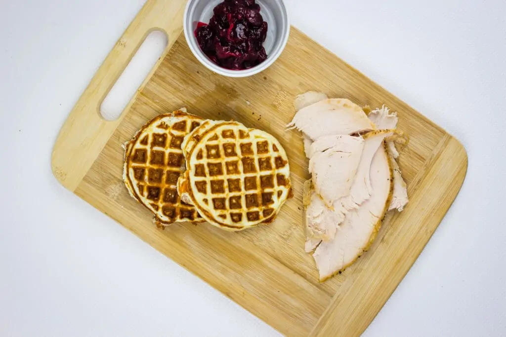load your chaffle with sliced turkey and cranberry sauce