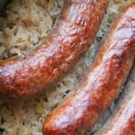 keto sauerkraut and sausage in a pan