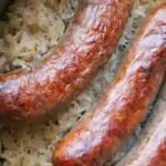 keto sauerkraut and sausage in a pan