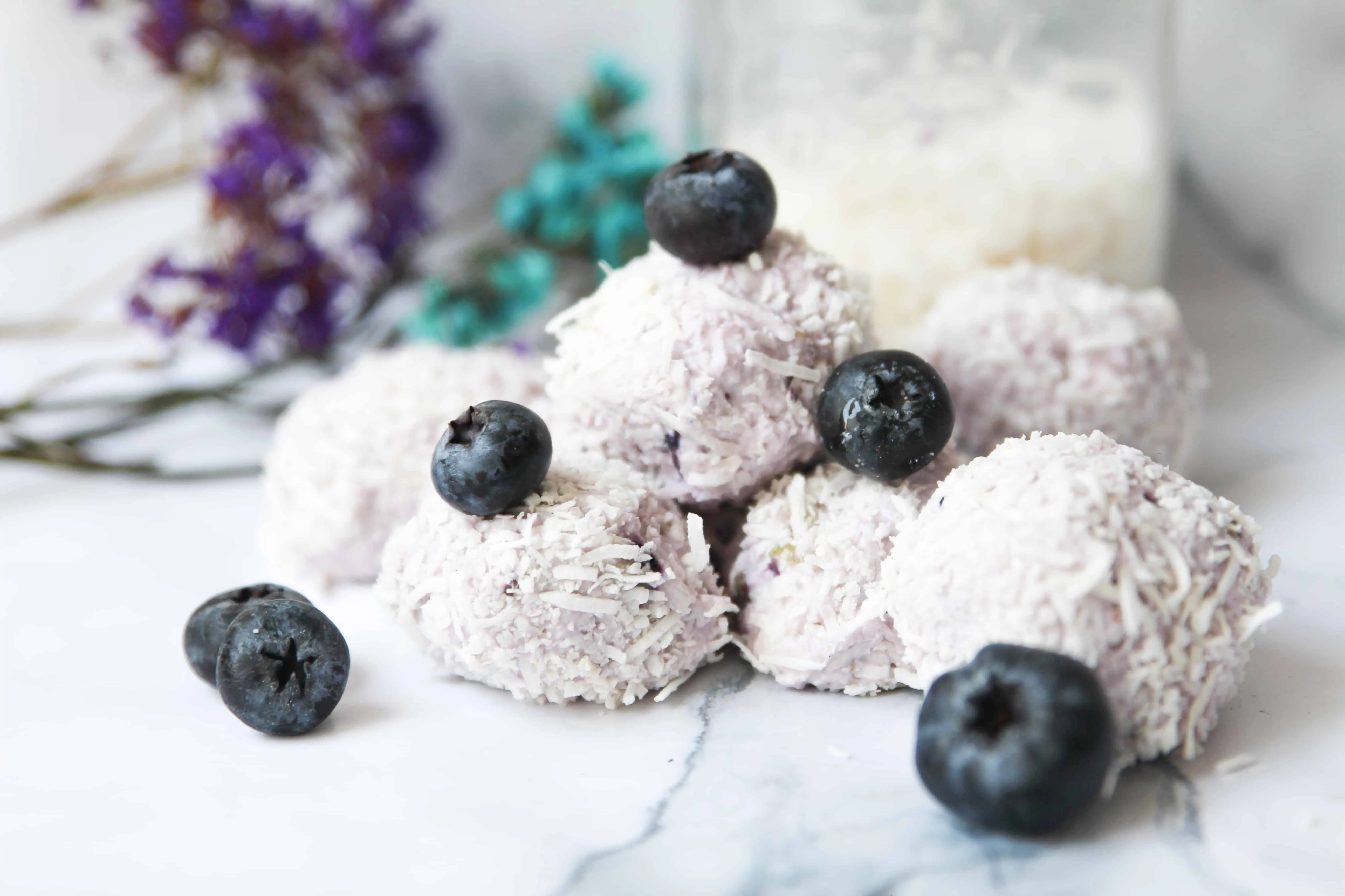 blueberry keto fat bombs on a platter