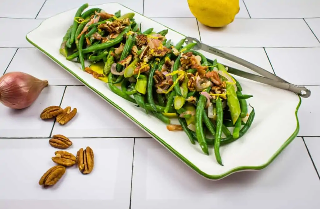 keto green beans & asparagus with lemon & pecans