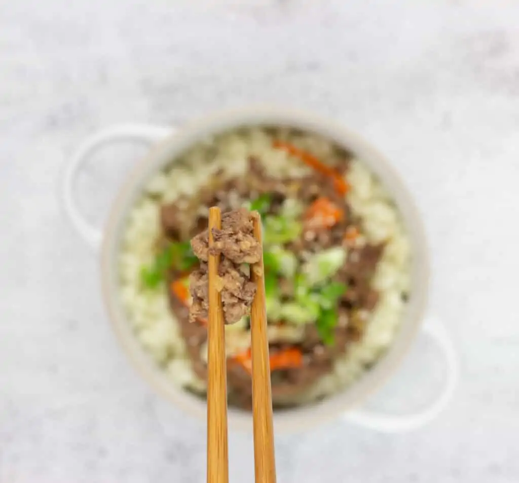 closeup of the beef in the korean beef bowl